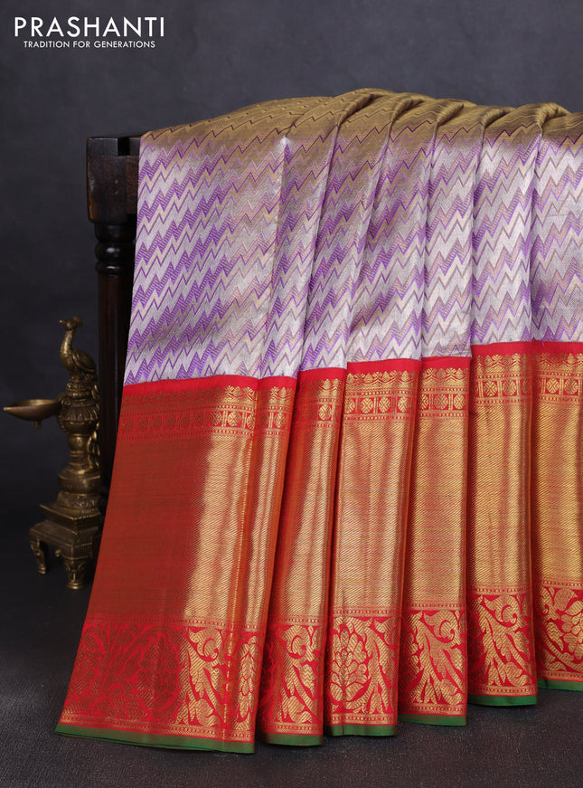 Pure kanchipuram tissue silk saree lavender and red with allover zig zag zari woven brocade weaves and long rich zari woven border