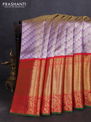 Pure kanchipuram tissue silk saree lavender and red with allover zig zag zari woven brocade weaves and long rich zari woven border