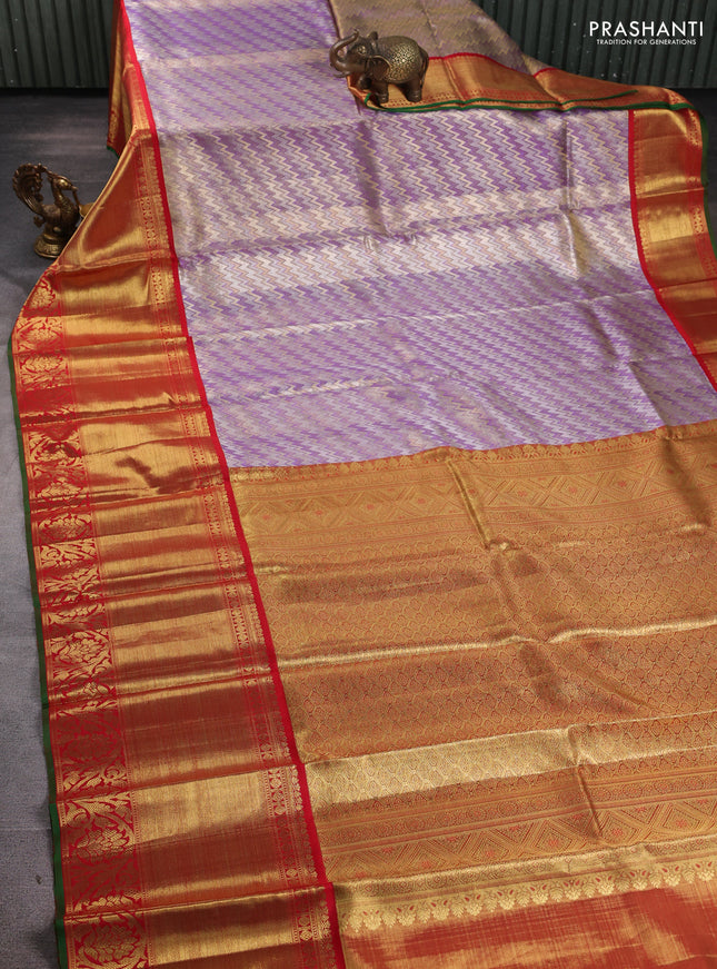 Pure kanchipuram tissue silk saree lavender and red with allover zig zag zari woven brocade weaves and long rich zari woven border