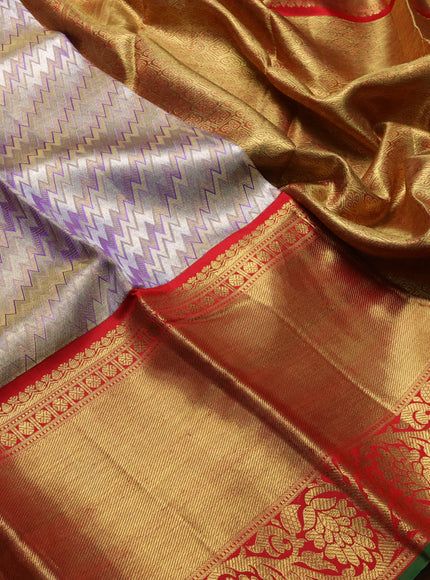 Pure kanchipuram tissue silk saree lavender and red with allover zig zag zari woven brocade weaves and long rich zari woven border