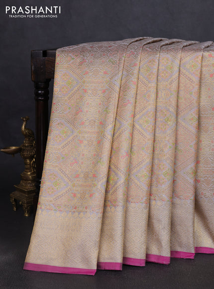 Pure kanchipuram silk saree pastel green and pink with allover zari woven brocade weaves and zari woven border
