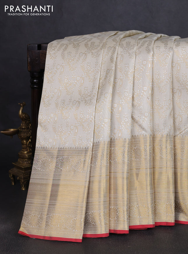 Pure kanchipuram silk saree cream and red with allover zari woven brocade weaves and long zari woven border
