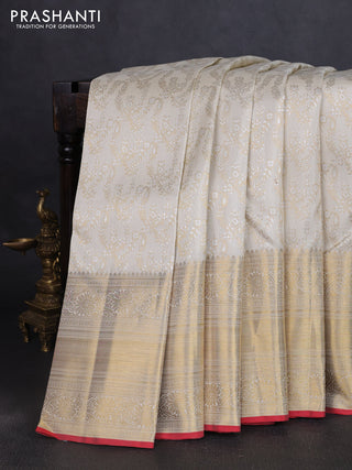 Pure kanchipuram silk saree cream and red with allover zari woven brocade weaves and long zari woven border