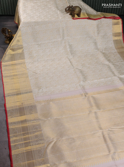 Pure kanchipuram silk saree cream and red with allover zari woven brocade weaves and long zari woven border