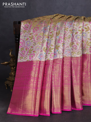 Pure kanchipuram tissue silk saree gold and pink with allover zari woven floral brocade weaves and long rich annam zari woven border