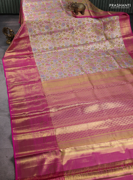 Pure kanchipuram tissue silk saree gold and pink with allover zari woven floral brocade weaves and long rich annam zari woven border