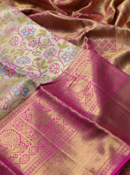 Pure kanchipuram tissue silk saree gold and pink with allover zari woven floral brocade weaves and long rich annam zari woven border