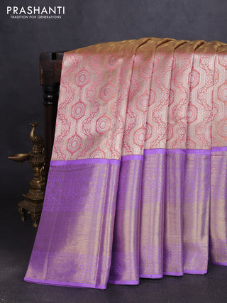 Pure kanchipuram tissue silk saree pastel peach and lavender with allover zari woven brocade weaves and long rich zari woven border