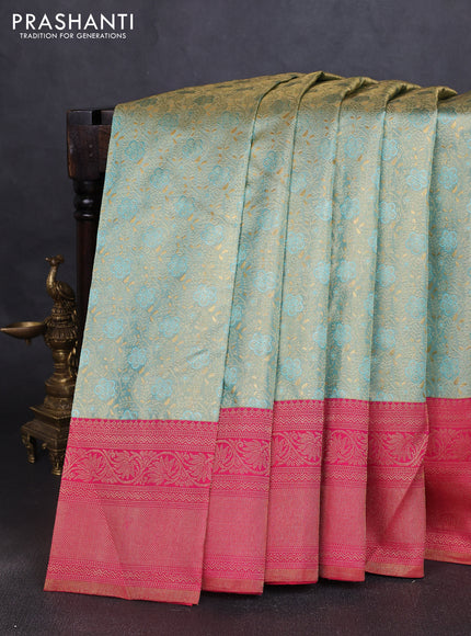 Pure kanchipuram tissue silk saree teal blue and pink with allover zari woven brocade weaves and long rich zari woven border