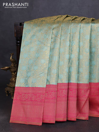 Pure kanchipuram tissue silk saree teal blue and pink with allover zari woven brocade weaves and long rich zari woven border