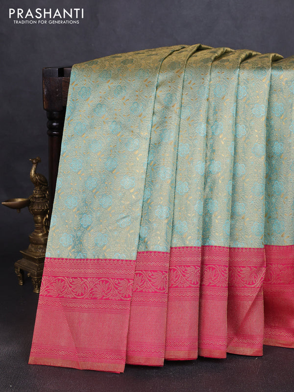 Pure kanchipuram tissue silk saree teal blue and pink with allover zari woven brocade weaves and long rich zari woven border
