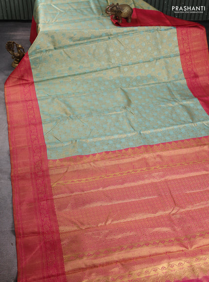 Pure kanchipuram tissue silk saree teal blue and pink with allover zari woven brocade weaves and long rich zari woven border
