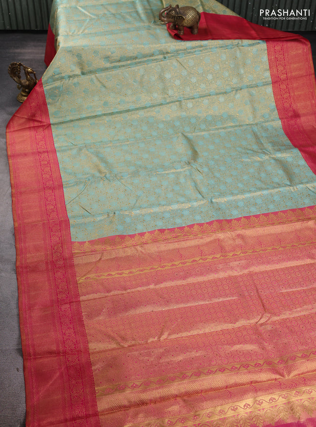 Pure kanchipuram tissue silk saree teal blue and pink with allover zari woven brocade weaves and long rich zari woven border