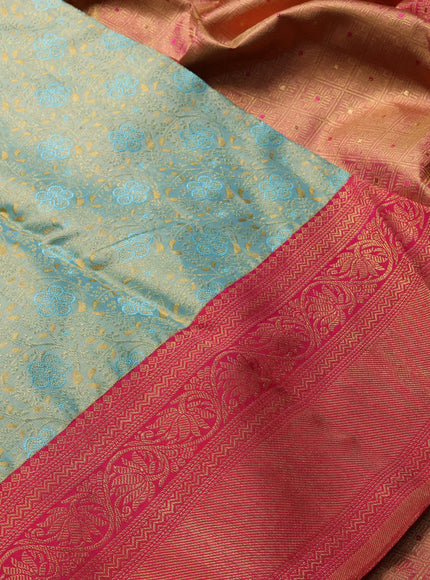 Pure kanchipuram tissue silk saree teal blue and pink with allover zari woven brocade weaves and long rich zari woven border