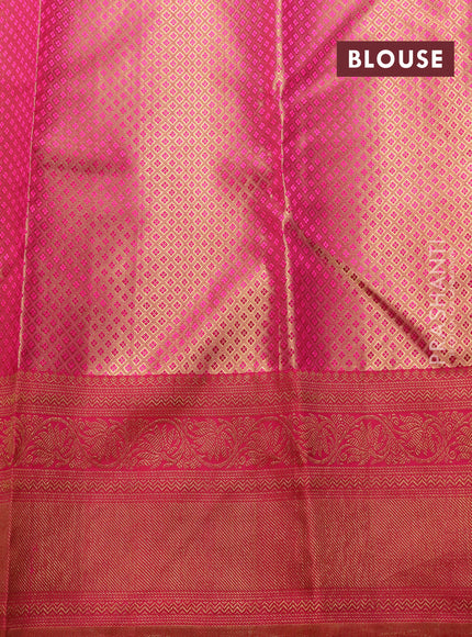Pure kanchipuram tissue silk saree teal blue and pink with allover zari woven brocade weaves and long rich zari woven border