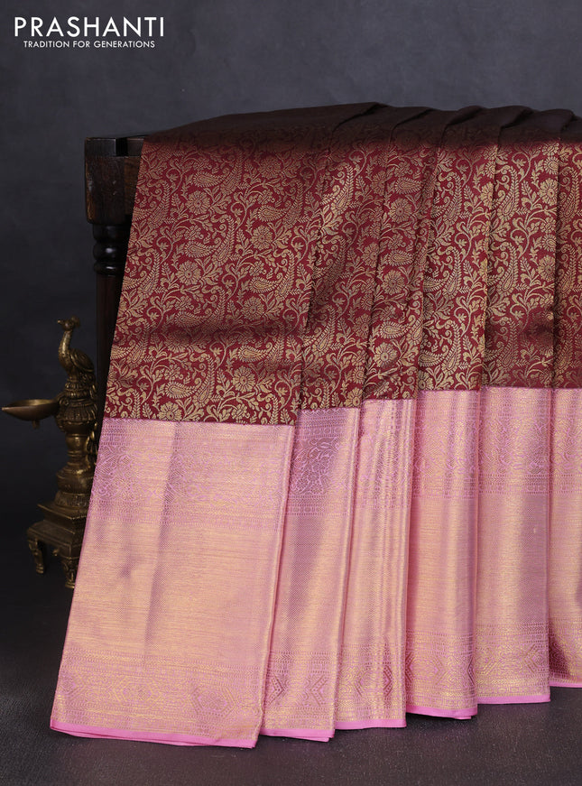 Pure kanchipuram silk saree maroon and light pink with allover zari woven brocade weaves and long zari woven border