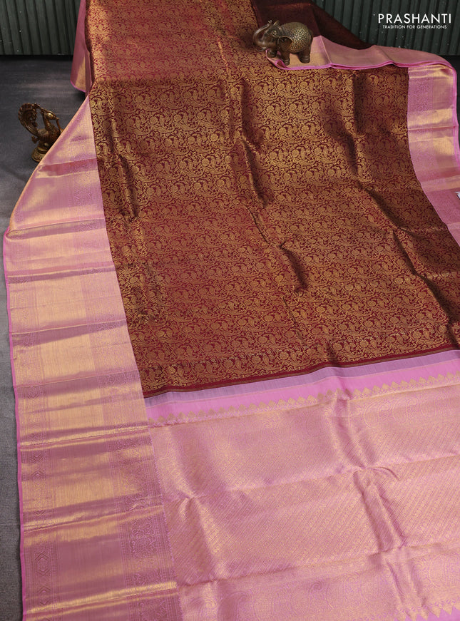 Pure kanchipuram silk saree maroon and light pink with allover zari woven brocade weaves and long zari woven border