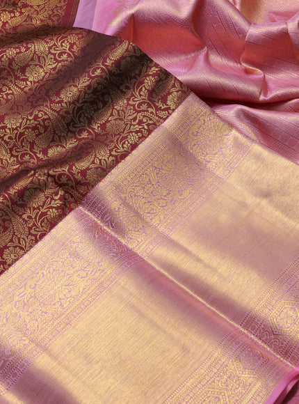 Pure kanchipuram silk saree maroon and light pink with allover zari woven brocade weaves and long zari woven border