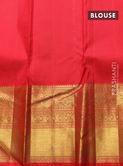 Pure kanchipuram silk saree pastel green and red with allover zari woven brocade weaves and long zari woven border