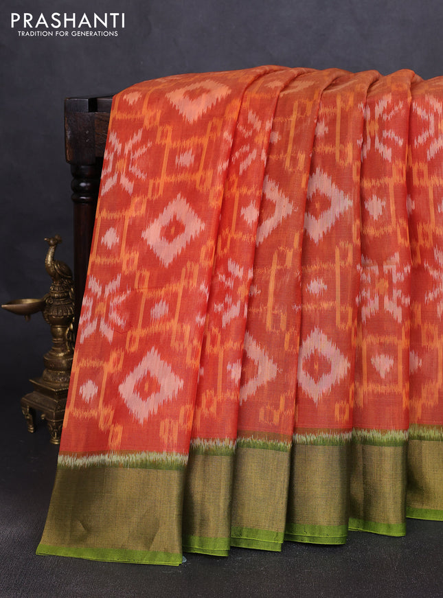 Ikat silk cotton saree orange and light green with allover ikat weaves and zari woven border