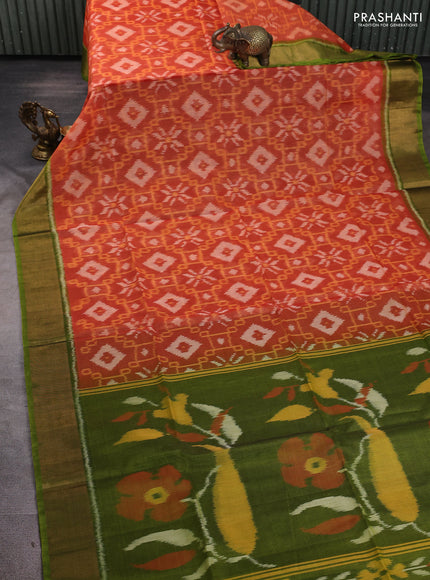 Ikat silk cotton saree orange and light green with allover ikat weaves and zari woven border