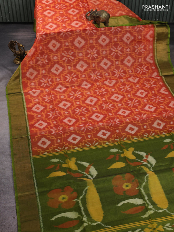 Ikat silk cotton saree orange and light green with allover ikat weaves and zari woven border