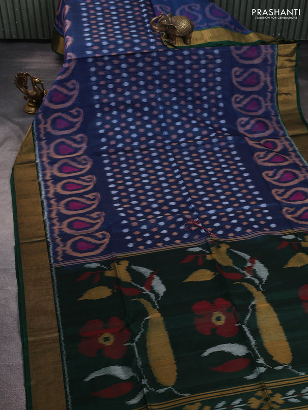 Ikat silk cotton saree blue and bottle green with allover ikat butta weaves and zari woven border
