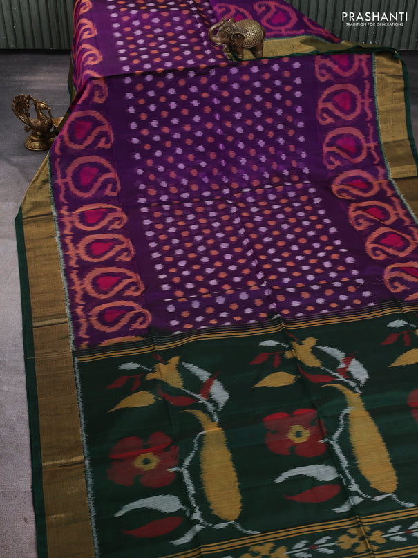 Ikat silk cotton saree purple and bottle green with allover ikat weaves and zari woven border