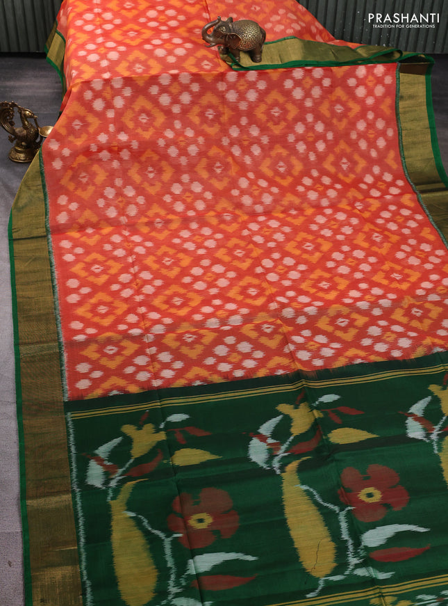Ikat silk cotton saree orange and green with allover ikat weaves and zari woven border