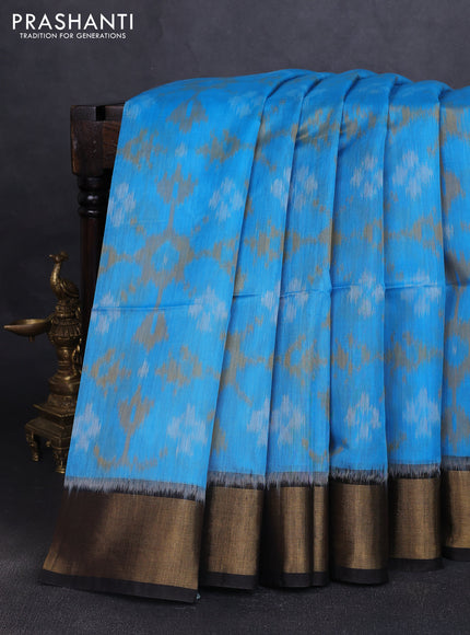 Ikat silk cotton saree cs blue and black with allover ikat weaves and zari woven border
