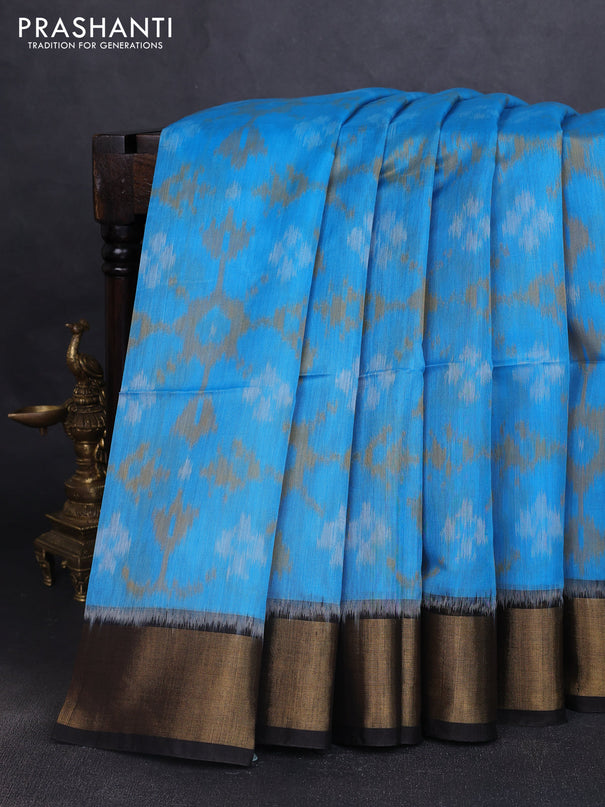 Ikat silk cotton saree cs blue and black with allover ikat weaves and zari woven border