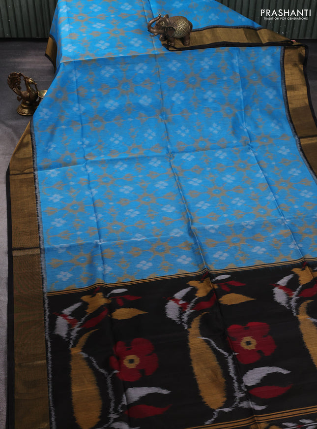 Ikat silk cotton saree cs blue and black with allover ikat weaves and zari woven border