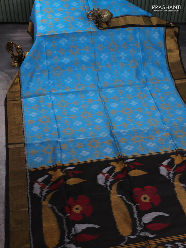 Ikat silk cotton saree cs blue and black with allover ikat weaves and zari woven border