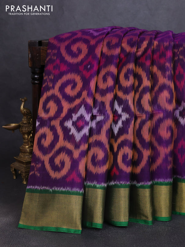 Ikat silk cotton saree violet and green with allover ikat weaves and zari woven border