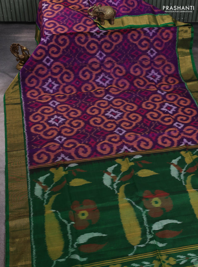 Ikat silk cotton saree violet and green with allover ikat weaves and zari woven border