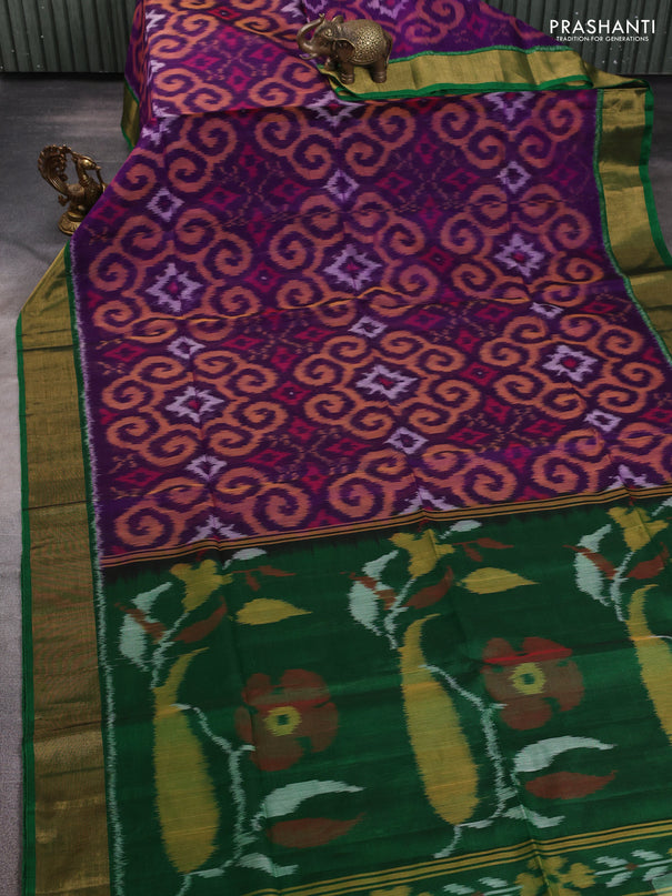 Ikat silk cotton saree violet and green with allover ikat weaves and zari woven border