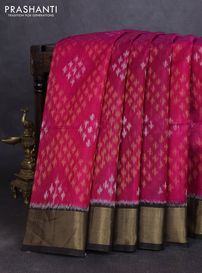 Ikat silk cotton saree pink and black with allover ikat weaves and zari woven border