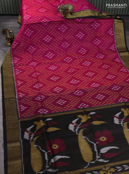 Ikat silk cotton saree pink and black with allover ikat weaves and zari woven border