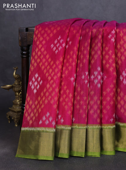 Ikat silk cotton saree pink and light green with allover ikat weaves and zari woven border