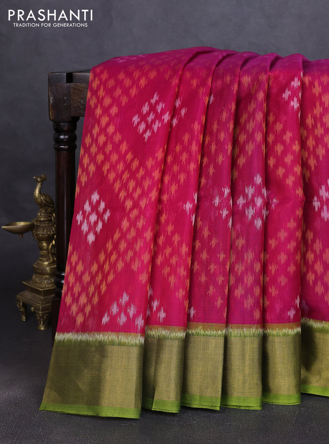 Ikat silk cotton saree pink and light green with allover ikat weaves and zari woven border