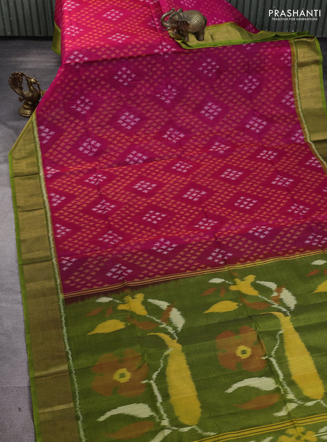 Ikat silk cotton saree pink and light green with allover ikat weaves and zari woven border