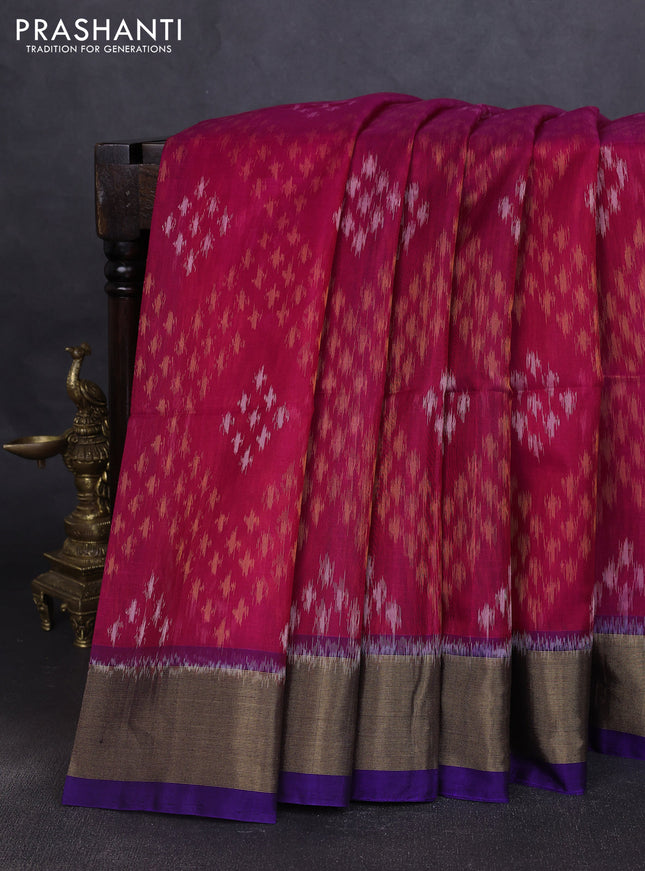Ikat silk cotton saree pink and violet with allover ikat weaves and zari woven border