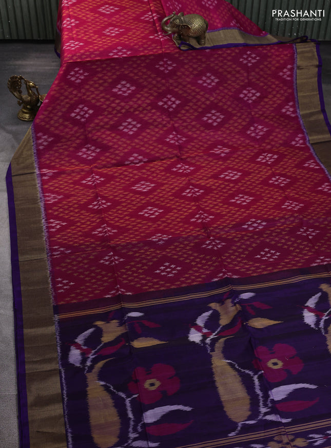 Ikat silk cotton saree pink and violet with allover ikat weaves and zari woven border