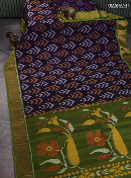 Ikat silk cotton saree navy blue and light green with allover ikat butta weaves and zari woven border