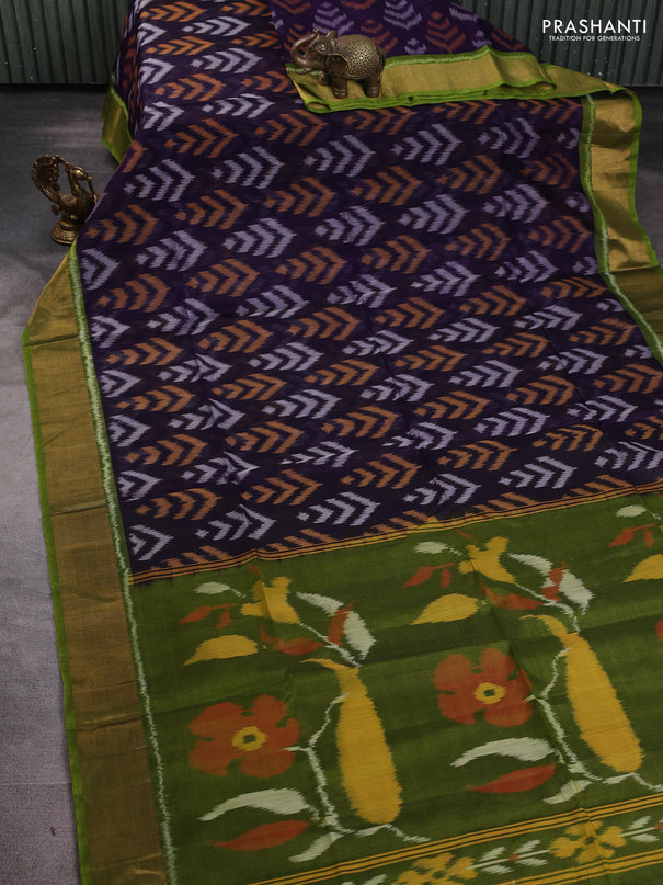 Ikat silk cotton saree navy blue and light green with allover ikat butta weaves and zari woven border