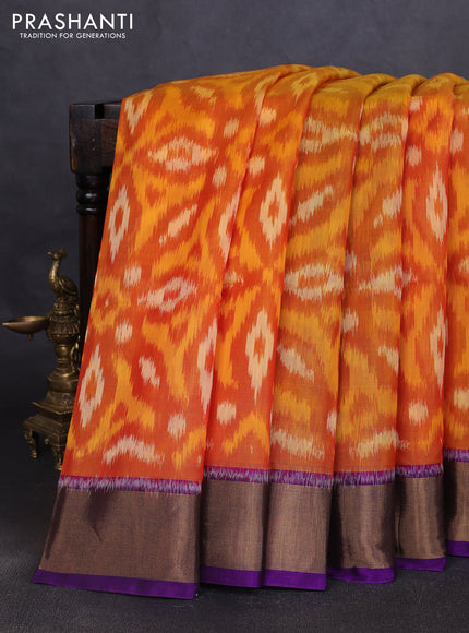 Ikat silk cotton saree dark mustard and purple with allover ikat weaves and zari woven border