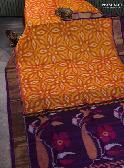 Ikat silk cotton saree dark mustard and purple with allover ikat weaves and zari woven border