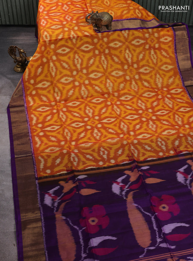 Ikat silk cotton saree dark mustard and purple with allover ikat weaves and zari woven border