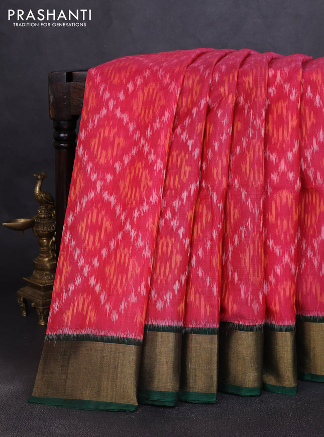 Ikat silk cotton saree pink shade and bottle green with allover ikat weaves and zari woven border