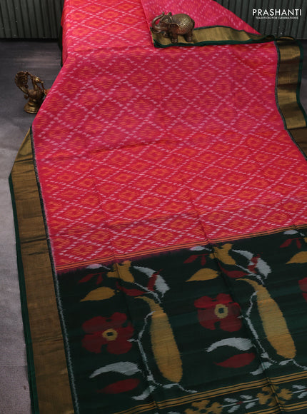 Ikat silk cotton saree pink shade and bottle green with allover ikat weaves and zari woven border